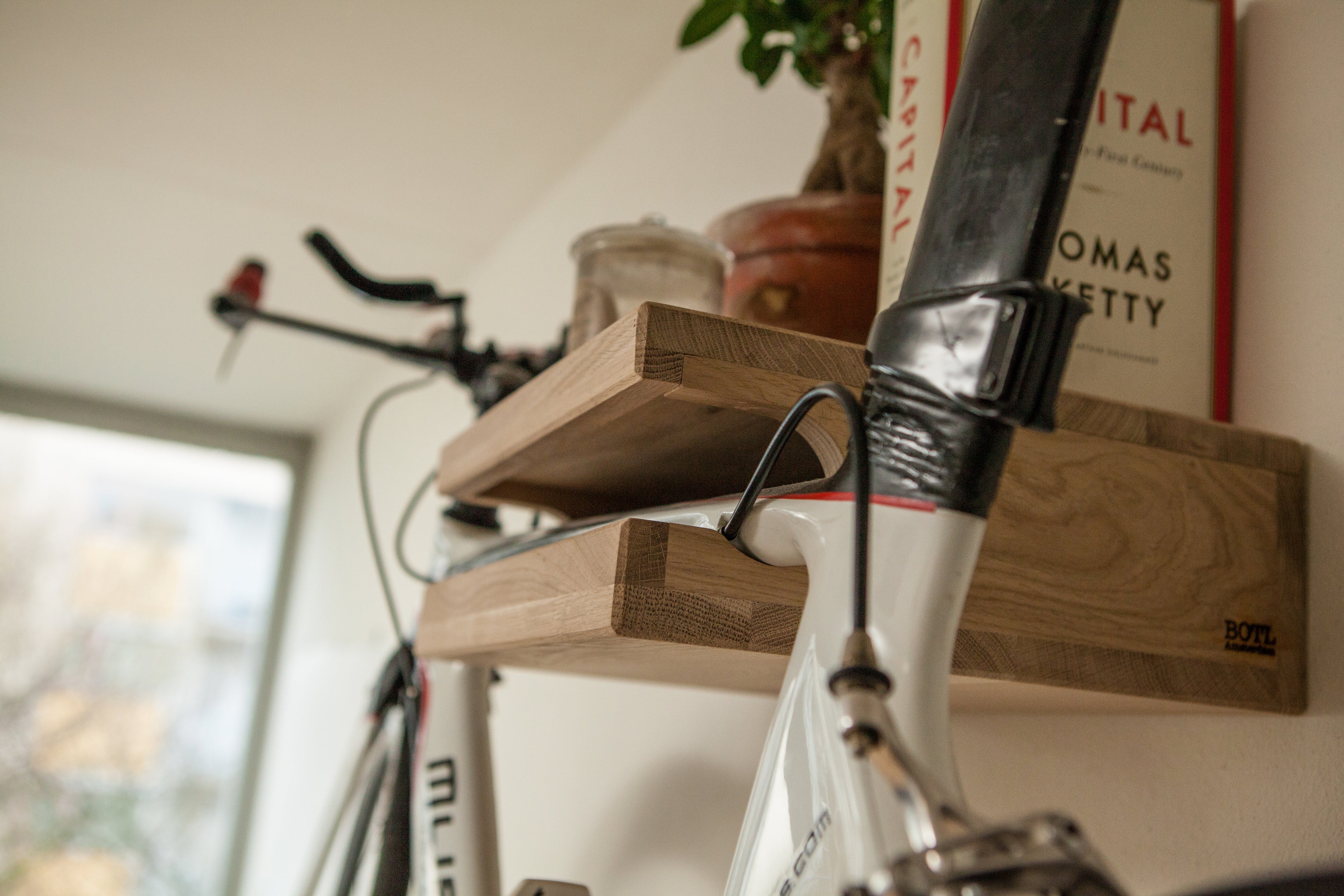 Wooden bike shop shelf